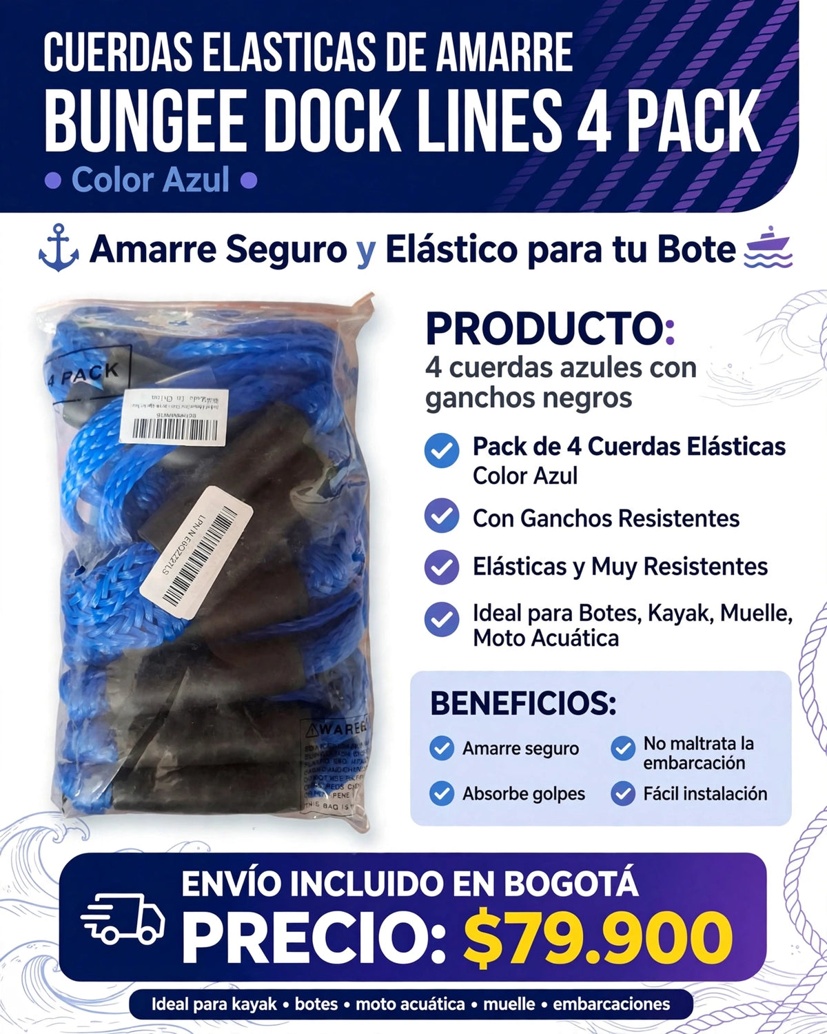 CUERDAS ELÁSTICAS DE AMARRE BUNGEE DOCK LINES 4 PACK AZUL