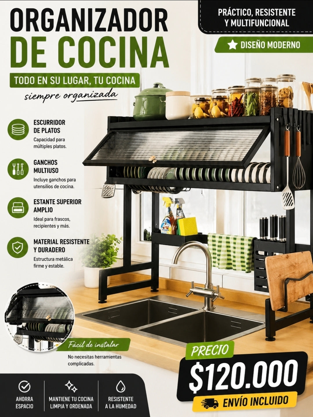 🍽️ Organizador de Cocina / Escurridor de Platos sobre Lavaplatos – ¡Ahorra espacio!