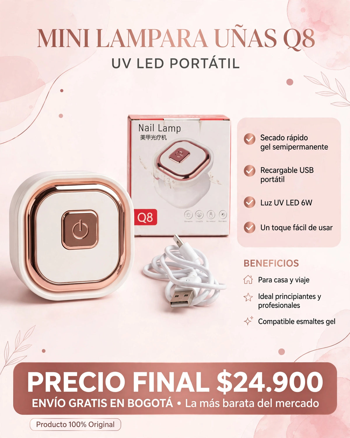 MINI LÁMPARA PARA UÑAS Q8 UV LED PORTÁTIL