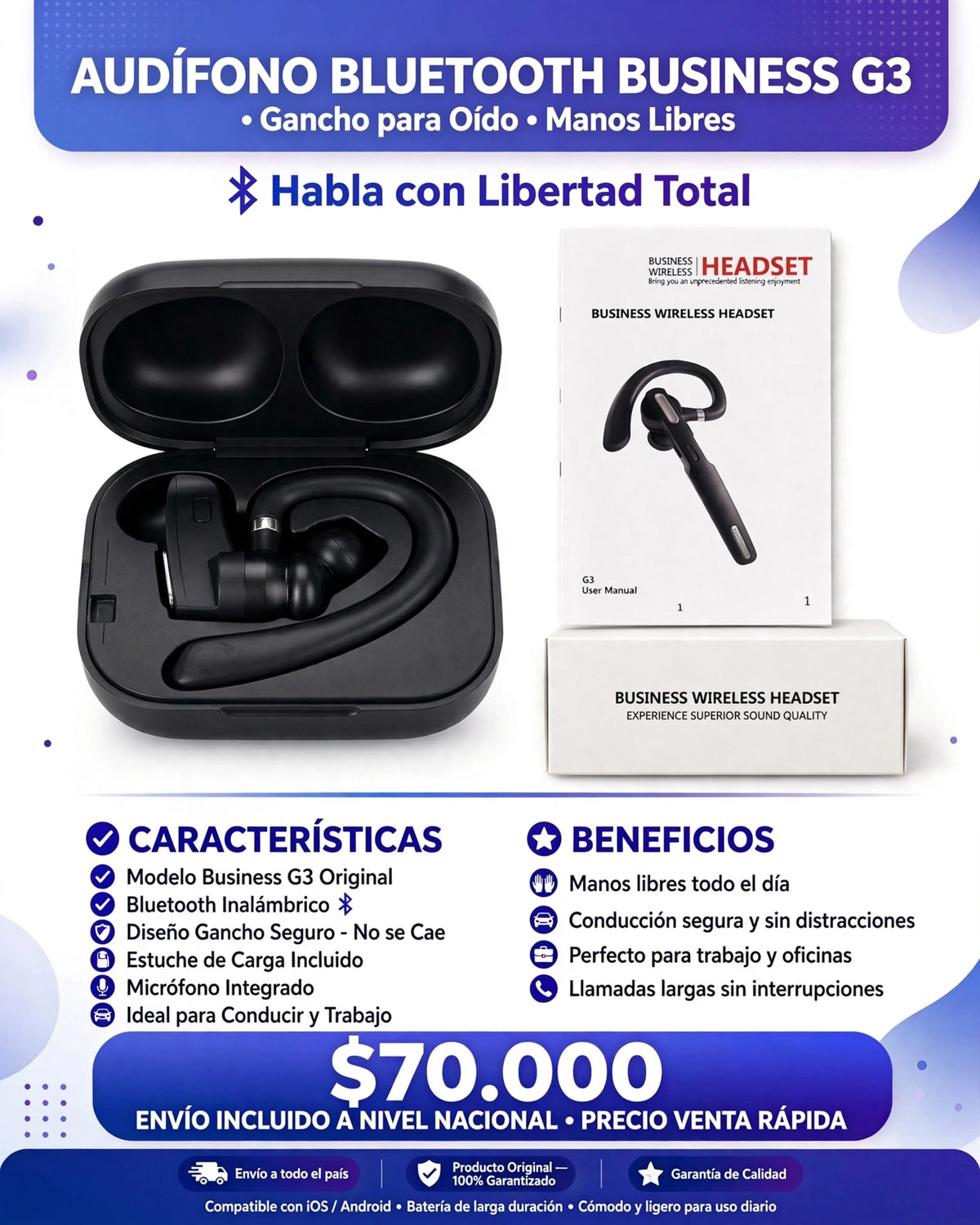 AUDÍFONO BLUETOOTH BUSINESS G3 - GANCHO PARA OÍDO