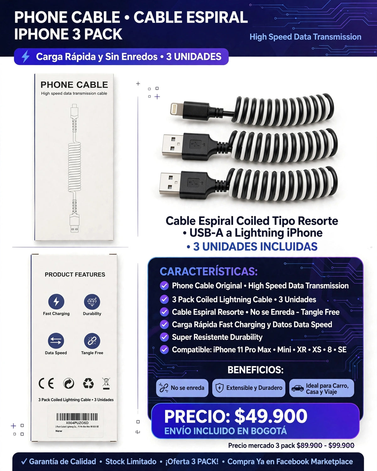 PHONE CABLE 3 PACK - CABLE ESPIRAL IPHONE