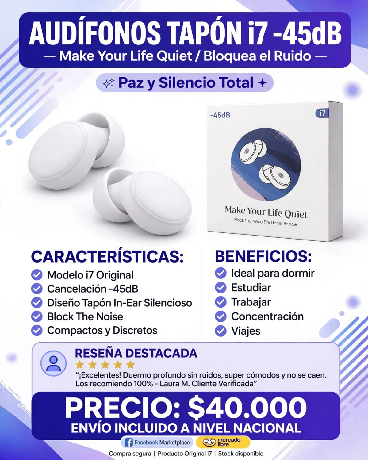 Tapones para Oídos i7 - 45dB - Bloquea ruido para Dormir y Viajar  INAGOTABLE