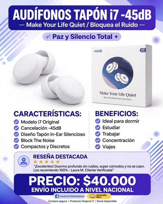 Tapones para Oídos i7 - 45dB - Bloquea ruido para Dormir y Viajar  INAGOTABLE