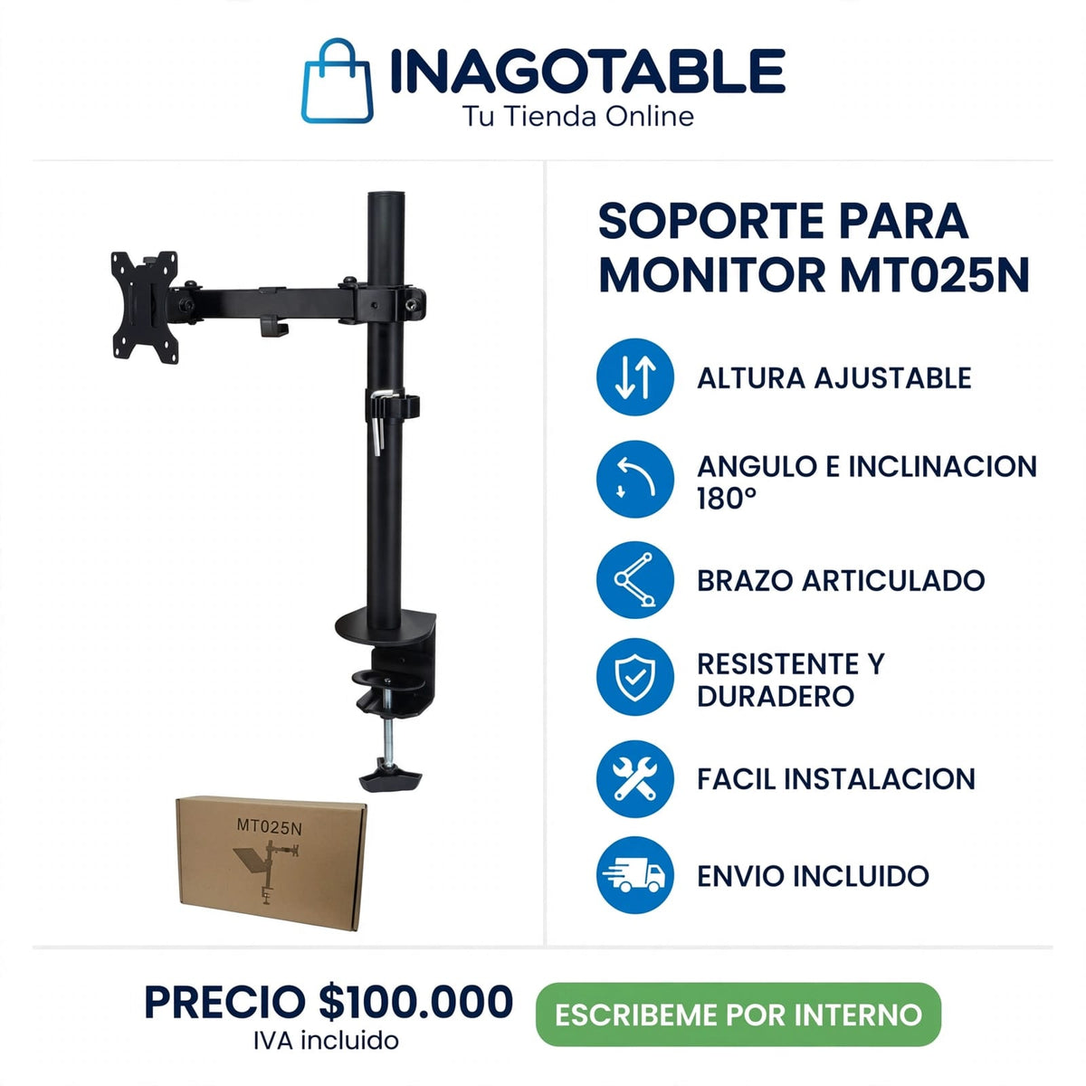 Soporte Brazo Articulado Para Monitor MT025N - Altura Ajustable - Giro 360° - VESA 75x75 100x100 - Hasta 32" - Envío Incluido