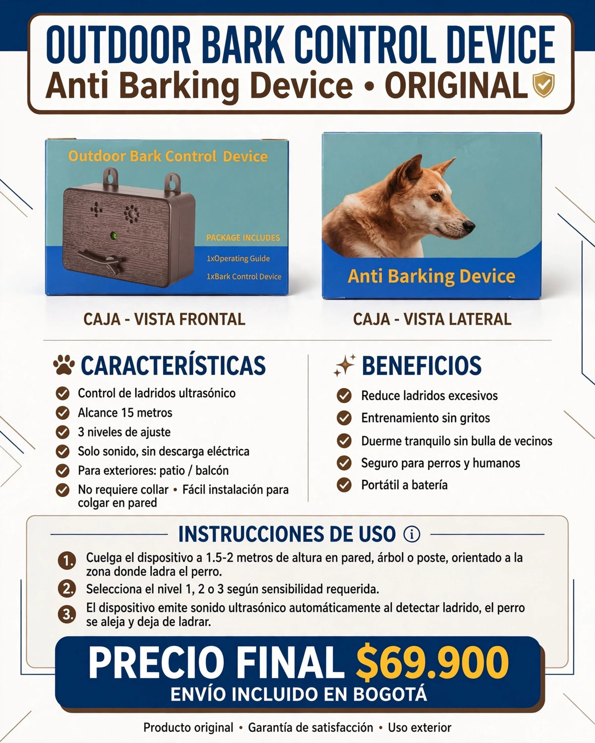 Controlador de Ladridos Ultrasónico Outdoor 15M - Original
