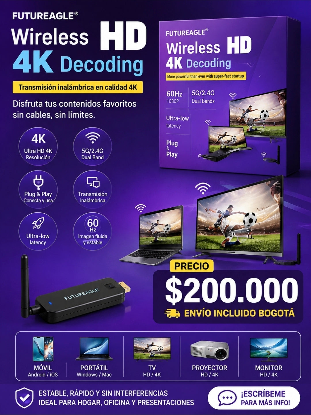📺 Wireless HD 4K Decoding – Transmisor de Pantalla Inalámbrico