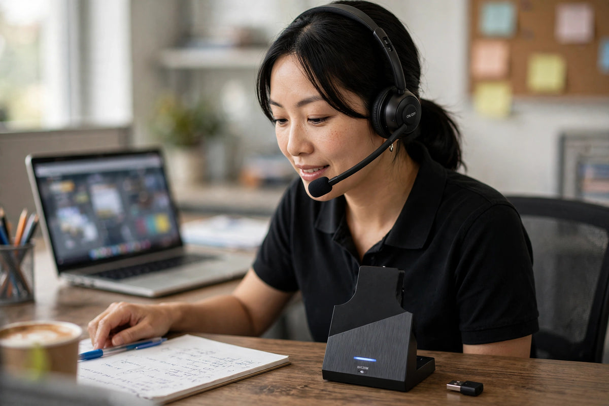 Diadema Inalámbrica KH120M Bluetooth 5.2 con Micrófono Cancelación de Ruido + Base de Carga y USB Dongle - Para Call Center, Oficina, Teletrabajo, Zoom, Teams