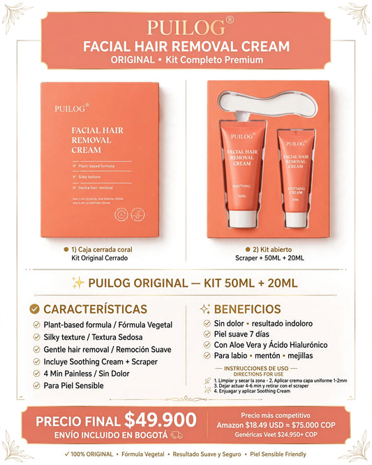 Crema Depilatoria Facial PULIOG® Original - Kit 50ML + 20ML + Espátula
