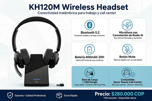 Diadema Inalámbrica KH120M Bluetooth 5.2 con Micrófono Cancelación de Ruido + Base de Carga y USB Dongle - Para Call Center, Oficina, Teletrabajo, Zoom, Teams