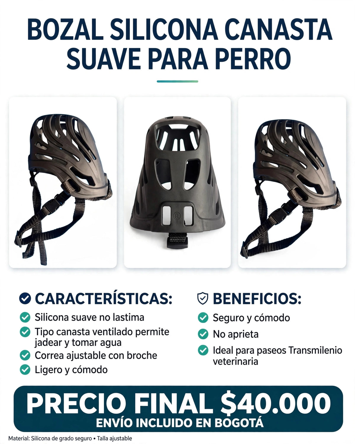 Bozal de Silicona Suave Tipo canasta para Perro - Transpirable .