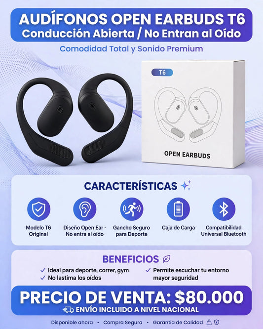 AUDÍFONOS OPEN EARBUDS T6 - CONDUCCIÓN ABIERTA