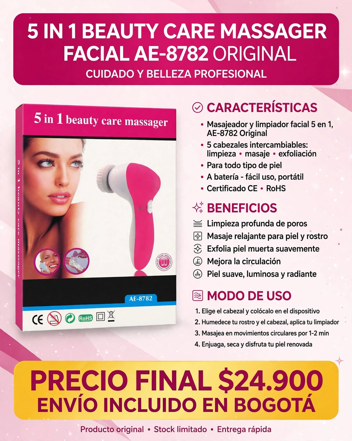 Masajeador y Limpiador Facial 5 en 1 AE-8782 Original - Spa en Casa INAGOTABLE