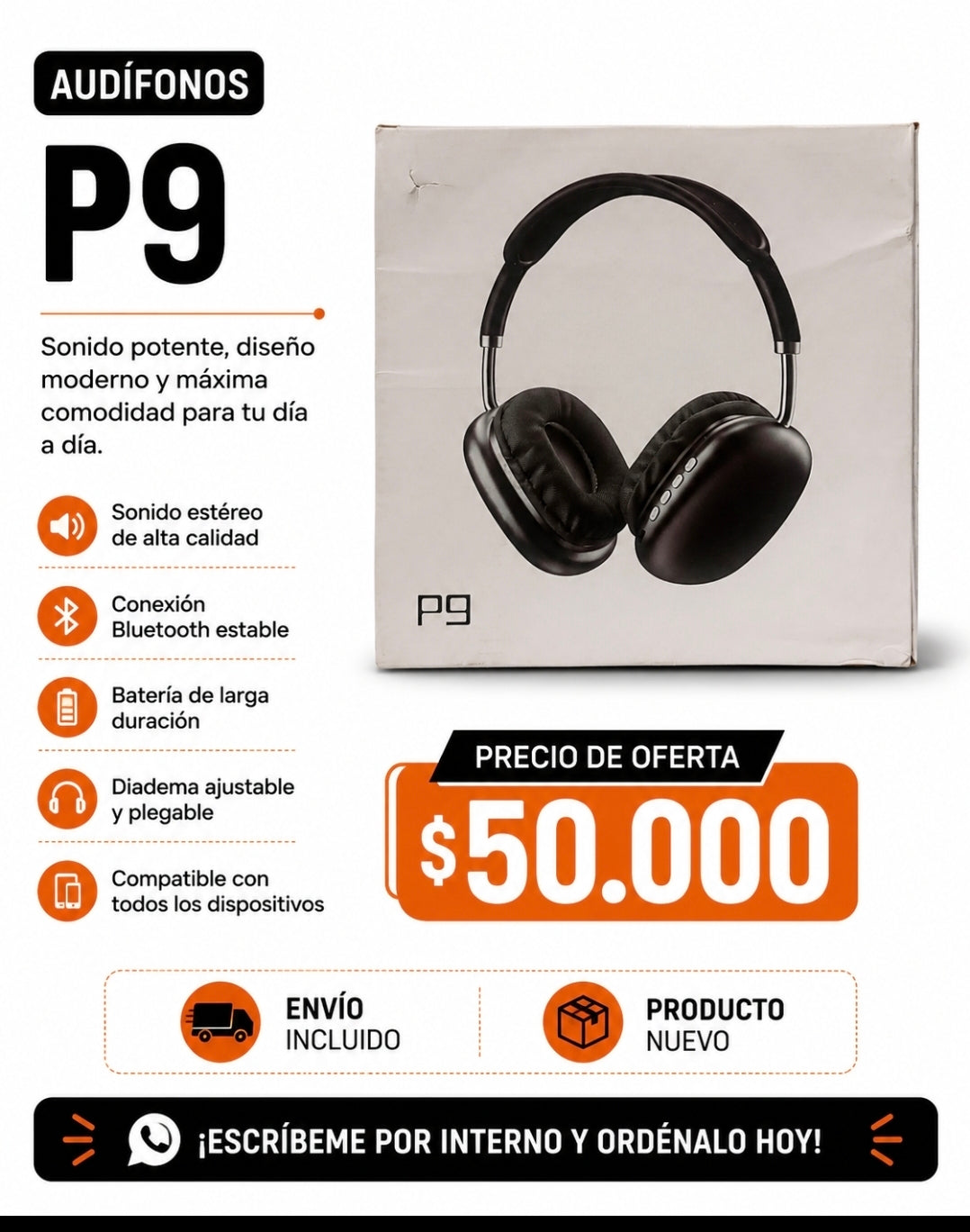 Audífonos Inalámbricos P9 Bluetooth - Sonido Estéreo HiFi - Diadema Plegable y Ajustable - Compatible con Celular, PC, Tablet