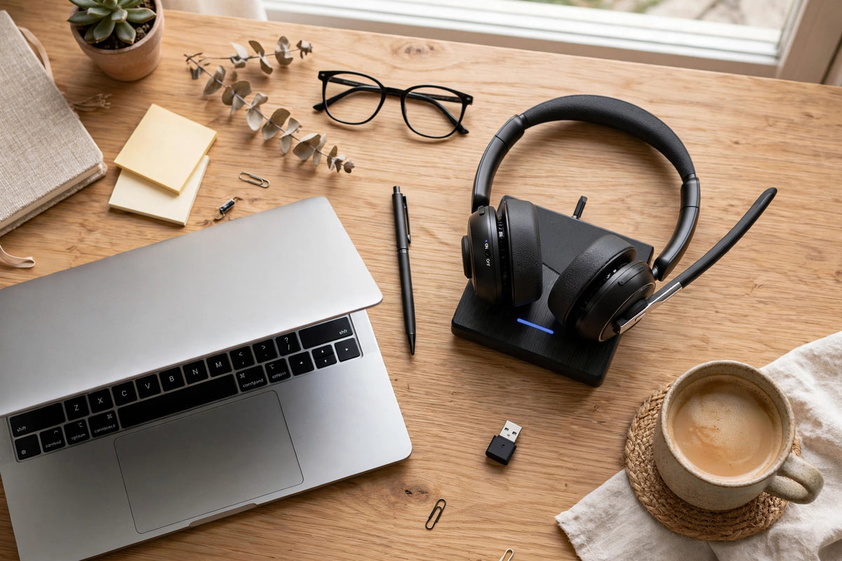 Diadema Inalámbrica KH120M Bluetooth 5.2 con Micrófono Cancelación de Ruido + Base de Carga y USB Dongle - Para Call Center, Oficina, Teletrabajo, Zoom, Teams